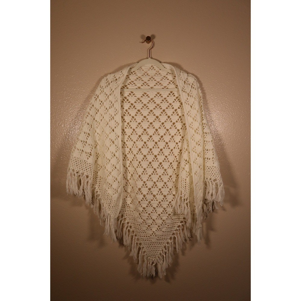 Handmade White Openwork Crochet Fringe Shawl/Wrap Women